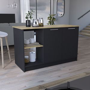 ชุดครัวแบบเกาะกลางพร้อมพื้นผิวด้านบนขนาดใหญ่ ตู้บานคู่ ชั้นวางแบบเปิด สีดำ/แมคคาเดเมีย ชุดครัวแบบเกาะกลางและรถเข็น - Product Image 1