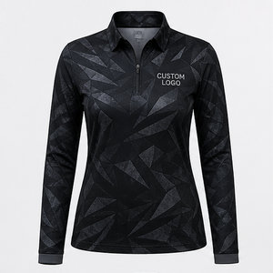 Custom <b>Black</b> Charcoal Angular Geometric Print Womens Long Sleeve Quarter Zip <b>Polo</b> Shirt Quick Dry Performance Golf <b>Top</b> WPS-0713 - Product Image 1