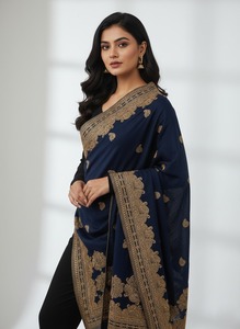 Chal de Lana Azul con Diseño Floral, Suave y Cálido, Estilo Étnico, para Mujer, Ideal para Bodas y Fiestas de Invierno, Estilo Indio y Pakistaní - Product Image 3