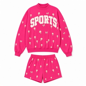 Ensemble 2 pièces en polaire rose pour femme, col rond, imprimé floral, tenue décontractée ample pour le printemps et l'été, vente en gros - Product Image 4