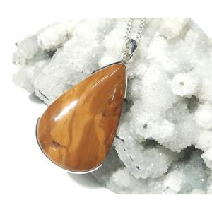 Collier pendentif en jaspe jaune naturel, acier inoxydable plaqué argent, fait main, pierre brune, style bohème - Product Image 6