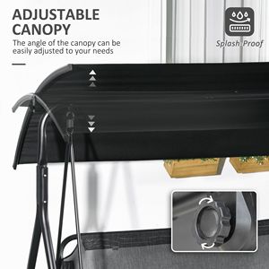 Dondolo da Giardino a 3 Posti Nero con Cuscini e Tettuccio, Struttura in Acciaio, Inclinazione Regolabile per Esterni - Product Image 4