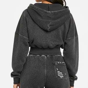 Sweat-shirt court unisexe à capuche zippé en molleton bouclette délavé, coupe classique, style streetwear décontracté, écologique, gris, avec lettres, tricoté pour l'hiver - Product Image 3