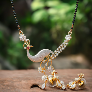 Peacock Design Gold Plated <b>Bridal</b> Mangalsutra <b>Necklace</b> <b>Set</b> with Stud <b>Earrings</b> - Product Image 2