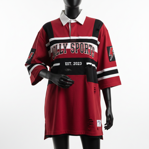 Camiseta de Rugby para Mujer, Algodón y Poliéster, Jersey Grueso, Paneles Rojos, Negros y Blancos, Logotipo Personalizado con Serigrafía - Product Image 1