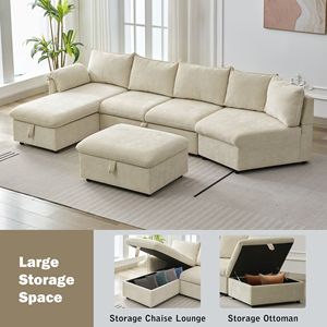 Divano Componibile a L da 370 cm con Letto Estraibile, Pouf Contenitore Mobile e Due Porte USB, Chaise Longue con Vano Portaoggetti - Product Image 6