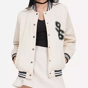 Chaqueta Varsity Blanca con Letra 96 Bordada, Estilo Preppy, Chaqueta Bomber de Algodón, Corte Regular, para Otoño - Product Image 1