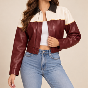 Women's Color Block PU Leather Bomber <b>Jacket</b> Full <b>Sleeve</b> Turn-down Collar Zipper Closure <b>Short</b> Length Autumn Style - Product Image 1
