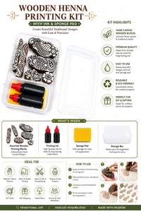 Kit de blocs d'impression au henné en bois faits à la main avec encre et tampon éponge – Tampons de motifs traditionnels Mehndi pour l'artisanat et l'impression textile - Product Image 5