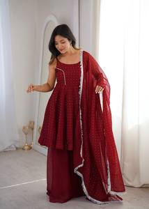 <b>Maroon</b> crunchy silk plazzo suit with zarkhand work round neck <b>top</b> full flair sharara dupatta with lace border festival wear - Product Image 4