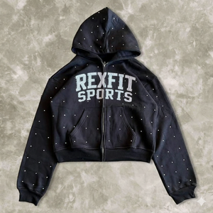 Services OEM Nouveaux sweats à capuche streetwear en gros, les plus demandés par les clients, avec strass sur toute la surface et broderie effet vieilli, à fermeture éclair - Product Image 1