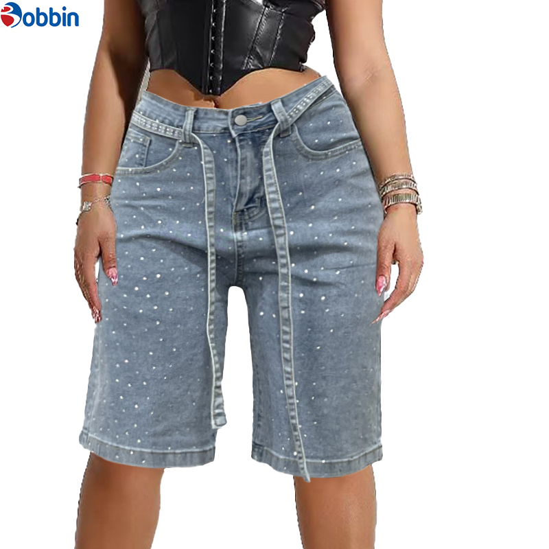 Summer Belt Pocket Street Casual Jeans Short Comfortable Hip Hop Women Rhinestones Straight Washed Denim Knee Length Cargo Pants