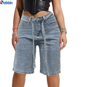 Pantalones Cargo Vaqueros Cortos de Verano para Mujer, Estilo Urbano Casual, Cómodos, Hip Hop, con Pedrería, Rectos, Lavados, hasta la Rodilla - Product Image 1