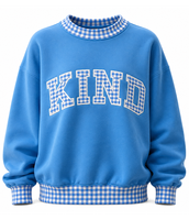 Sweat-shirt bleu oversize à col montant avec appliqué gingham brodé, style preppy, unisexe, pour l'automne