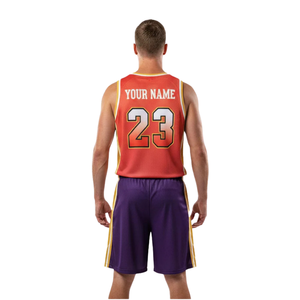 Ensemble d'uniformes de basketball personnalisés pour hommes, orange et violet, maillot sans manches à col rond, short, bordure dorée, numéros d'équipe, kit sportif en gros - Product Image 2