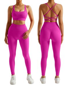 Conjunto de Yoga de 2 Piezas con Cintura Alta y Detalles en Rosa, Top Corto y Leggings Largos, Espalda Cruzada, Ropa Deportiva sin Costuras para Mujer - Product Image 1