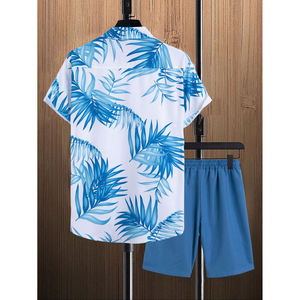 Men's Blue Tropical Leaf Print Shirt and <b>Shorts</b> Set Casual Summer Beach Vacation Co Ord Outfit - Product Image 4