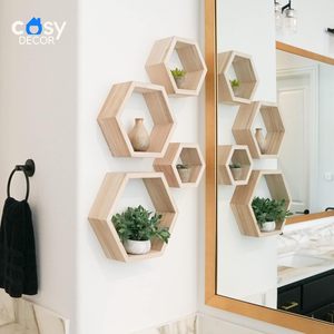 Handmade Hexagon Wooden <b>Floating</b> <b>Wall</b> <b>Shelves</b> Set of 4 Modern Geometric <b>Wall</b> Mounted Display <b>Shelves</b> for Plants Candles Books - Product Image 2