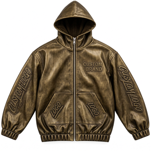 Chaqueta con Capucha de Cuero Sintético Personalizada para Hombre, Cierre Completo, Decoración con Logotipo Grabado, Ropa Urbana Casual de Moda - Product Image 5