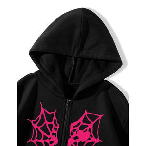 Black Hooded Zipper Sweatshirt With Pink Spiderweb And Heart Print Unisex Casual Autumn Wear - Product Image 6