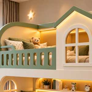 Modern Kids House Style <b>Bunk</b> <b>Bed</b> with Built In Storage Staircase LED Lighting Safety Guardrail Loft Sleeper Lower Double <b>Bed</b> - Product Image 4