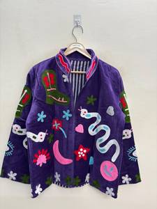 Chaqueta Bomber de Terciopelo Morado Bordada para Mujer, Diseño Celestial, Animal, Floral, Boho, con Forro de Algodón Ecológico, Manga Larga - Product Image 1