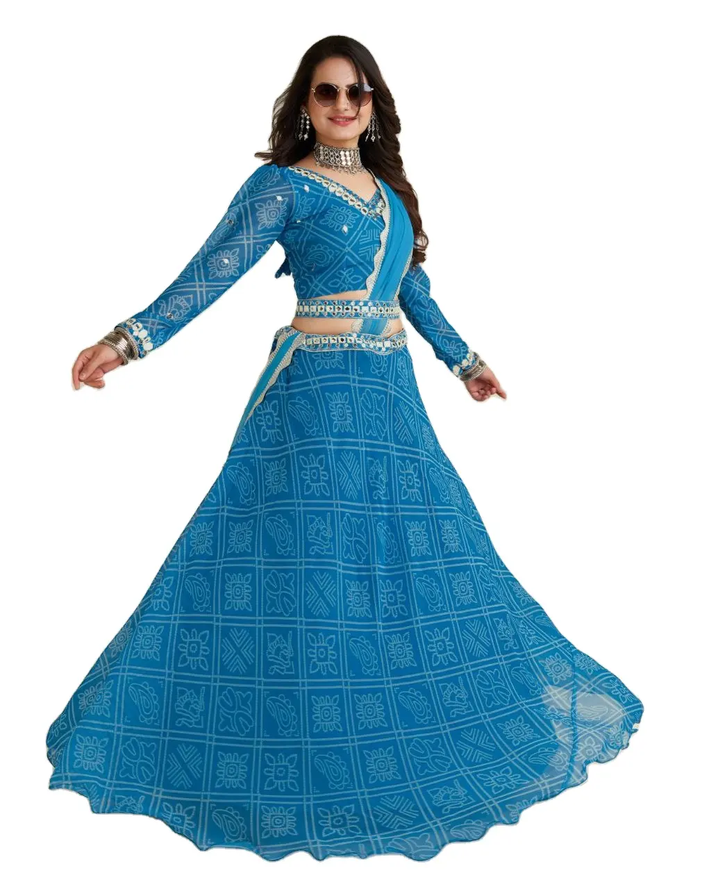 Joli bleu pur coton Rajasthani Bandhej Print Womens net lehenga choli au prix de gros