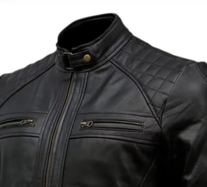 Veste moto en cuir véritable noir pour homme, col montant, fermeture éclair, coupe ajustée, pour l'automne - Product Image 6