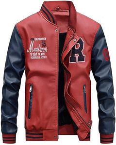 Chaqueta Varsity Roja de PU para Hombre con Mangas Azul Marino, Estampado de Letra R, Cierre de Cremallera, Estilo Preppy, Resistente al Viento, para Otoño - Product Image 1