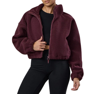 Burgundy Fleece <b>Jacket</b> Women Stand Collar Zipper Closure <b>Short</b> Length Full <b>Sleeve</b> Solid Color Autumn Wear - Product Image 3