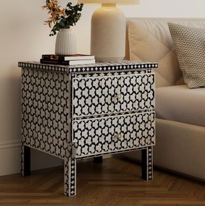 Coastal Style Bone Inlay Bedside <b>Table</b> With 3 <b>Drawers</b> Chic Nightstand Storage Cabinet Resin Inlay <b>Side</b> <b>Table</b> For Bedroom Hotels - Product Image 4