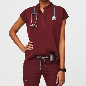 Blouse d'uniforme médical pour femme, bordeaux, à manches courtes, en polyester tissé, avec détection d'aiguilles - Product Image 2