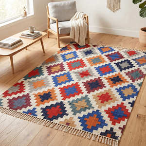 Alfombra Kilim Geométrica de Estilo Rústico, Hecha a Medida, Tejido Plano, Pelo Corto, Antideslizante, para Sala de Estar, Roja Multicolor, Alfombra Interior - Product Image 4