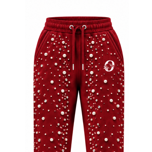 <b>Red</b> Pearl Beaded Jogger Pants <b>Women</b> Fashion Embellished Drawstring Sweatpants Luxury Casual Streetwear Fleece <b>Trousers</b> - Product Image 3