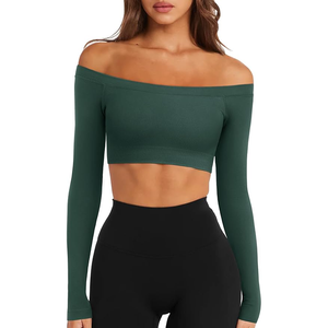 Women Off The Shoulder <b>Long</b> <b>Sleeve</b> <b>Crop</b> <b>Top</b> Solid Color Yoga Activewear <b>Green</b> Spandex Polyester Breathable Regular Fit - Product Image 1