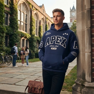 <b>Men's</b> <b>Navy</b> Blue Embroidered Hoodie Premium Cotton <b>Fleece</b> Pullover Streetwear Sweatshirt Custom Logo Wholesale Fashion - Product Image 6