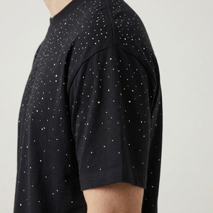 Camiseta Negra para Hombre con Pedrería, Algodón Pesado, Diamantes Hotfix, Degradado, Estilo Urbano Oversize - Product Image 4