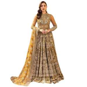 Robe de mariée de designer style Bollywood, en soie satinée et dentelle, pour mariage et soirée, longueur ras du sol, coupe trapèze, manches longues, pour demoiselle d'honneur - Product Image 1