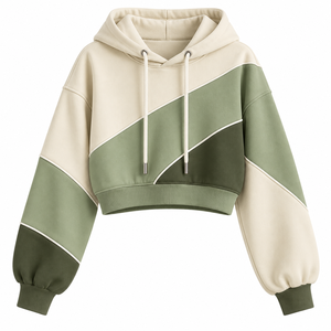 Sweat-shirt à capuche court en polaire color block pour femme, manches lanternes, avec cordon de serrage et poches, style décontracté streetwear hiver - Product Image 2