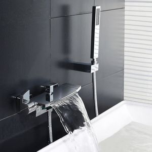Grifo de llenado de bañera de cascada de montaje en pared cromado de 2 manijas contemporáneo con ducha de mano Grifos de baño y ducha modernos - Product Image 3