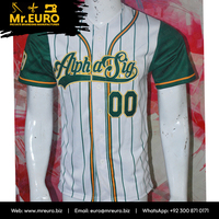 Maillot de baseball personnalisé Alpha Sig sublimé, rayé blanc et vert, manches courtes, col en V, fermeture boutonnée, unisexe, respirant, séchage rapide