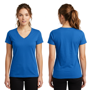 T-shirt décontracté pour femme, col en V, manches courtes, coupe classique, bleu uni, tricoté, longueur normale, toutes saisons, 100% coton - Product Image 3