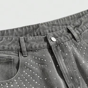<b>Mens</b> Washed Charcoal Denim Jorts Shimmering Rhinestone Embellishments Loose Baggy Fit Retro Y2K Grunge Streetwear Apparel - Product Image 5