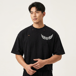 T-shirt court noir oversize avec logo R ailé imprimé sur le devant, manches courtes, col rond, style streetwear pour homme, jersey en coton - Product Image 3