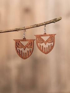 Wooden <b>Owl</b> <b>Earrings</b> Laser Cut Design Natural Brown Color Dangle Style Craft Jewelry - Product Image 3