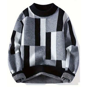 <b>Wool</b> Sweaters Patchwork Knit Sweater Pullover Full Sleeve Winter Blue Black Gray Oversized Crewneck Sweaters - Product Image 6
