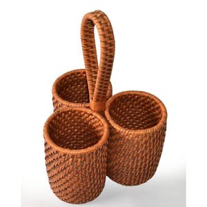 Durable Natural Rattan Woven Cutlery Holder with Compartments for <b>Tabletop</b> Kitchen Counter and Picnic Organization - Product Image 3