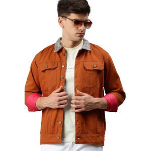 WARPRO INDUSTRY Men's Blue Solid Coated Eco-friendly Denim Puffer <b>Jacket</b> Turn-down Collar Windproof Casual Autumn Wear 300g - Product Image 4