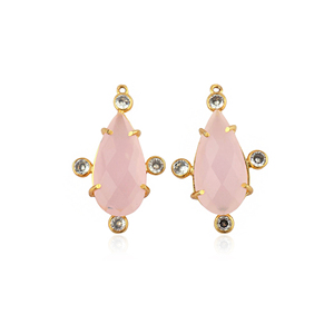 Pink Chalcedony Pear Stone <b>Earring</b> Connector Single Bail Tiny White Cubic Zirconia Accents 18k Gold Plated Brass Prong Set - Product Image 1