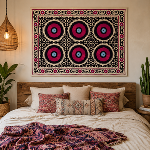 Couvre-lit en coton Suzani fait main exclusif, crème, noir, rose, broderie florale mandala, style bohème, décoration ethnique indienne pour la maison - Product Image 5